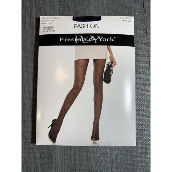 Preston & York Women's Diamond Ribbon Control Top Sheet Toe Med Jet Black 67175A - Picture 1 of 2